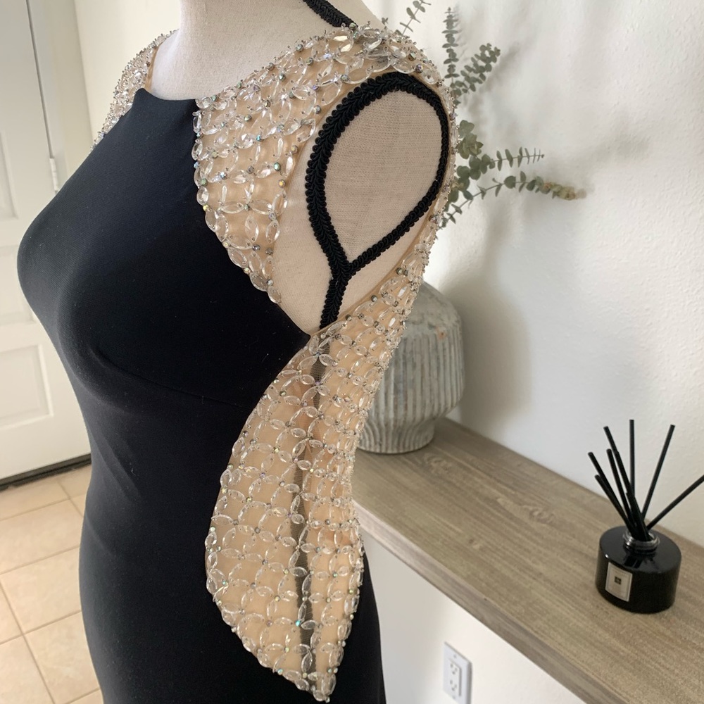La Femme Black Beaded Nude Long slit dress